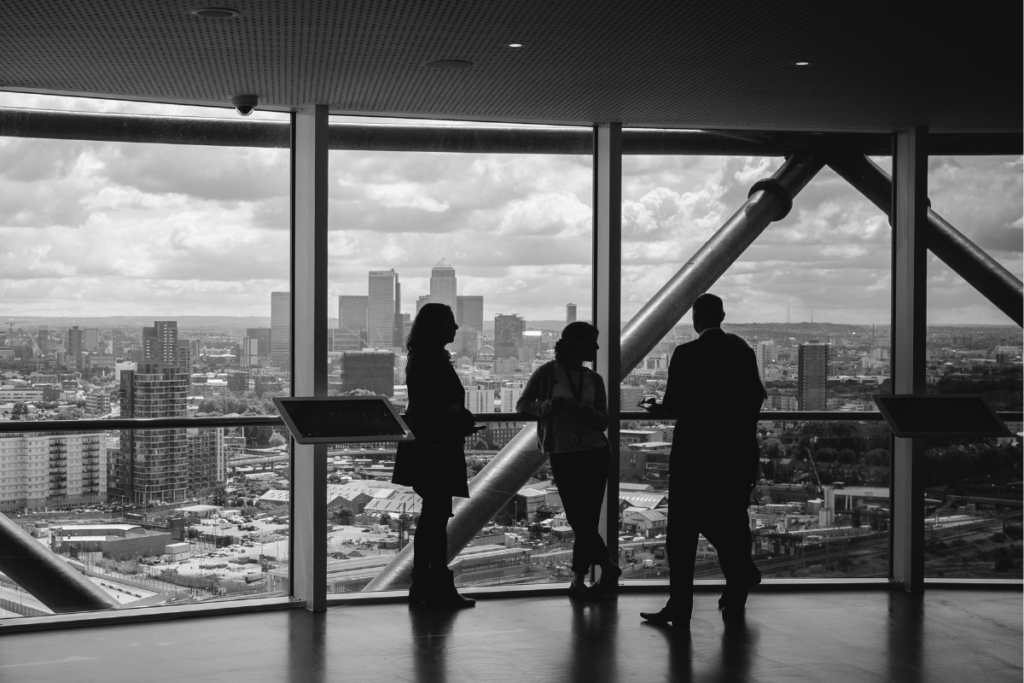 Executives overlooking a city skyline