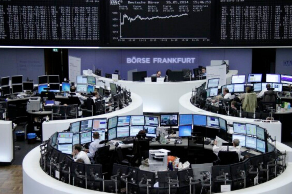 Financial market data displays on a trading floor